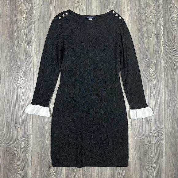 Tommy Hilfiger Women's Gray Knit Long Sleeve Dress with White Ruffle Cuffs - Picture 1 of 6
